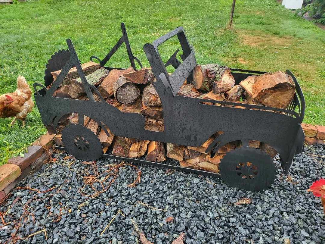 JEEP inspired firepit, metal firepit, wood holding firepit