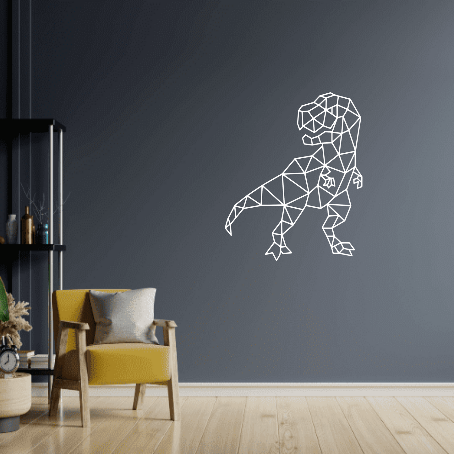 geometric t-rex laser cut wall art on a dark gray wall with wood floor and a pop of color chair in yellow