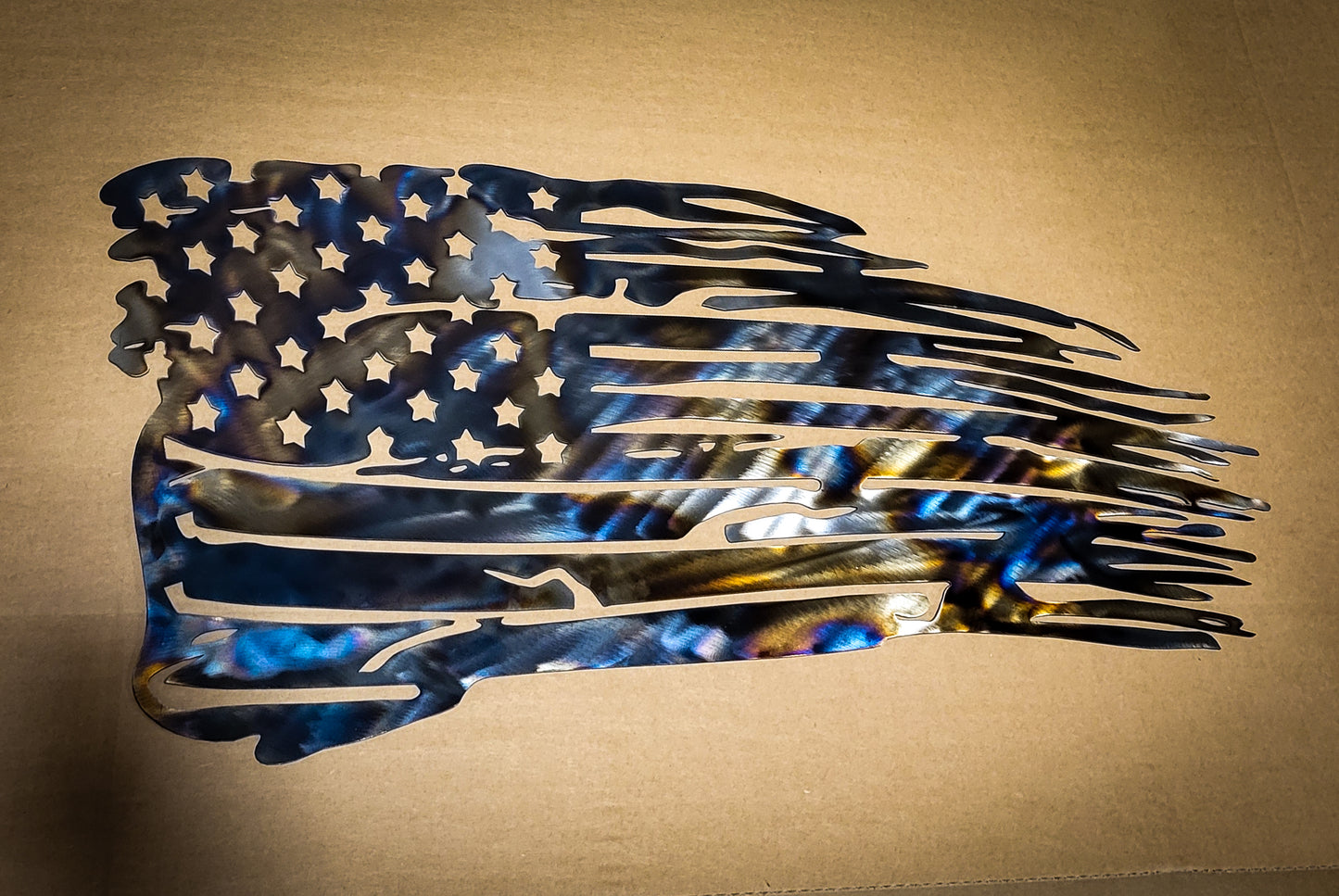 Flame Burned tattered American flag laser cut wall art